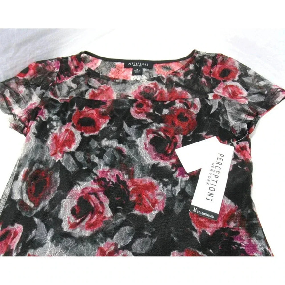 Perceptions New York Short Sleeve Red Black Floral Lace Midi Dress Size Med NWT - Picture 4 of 10